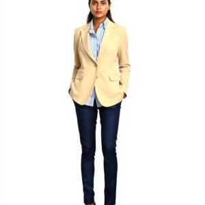 Beige Blazer with Striped Shirt