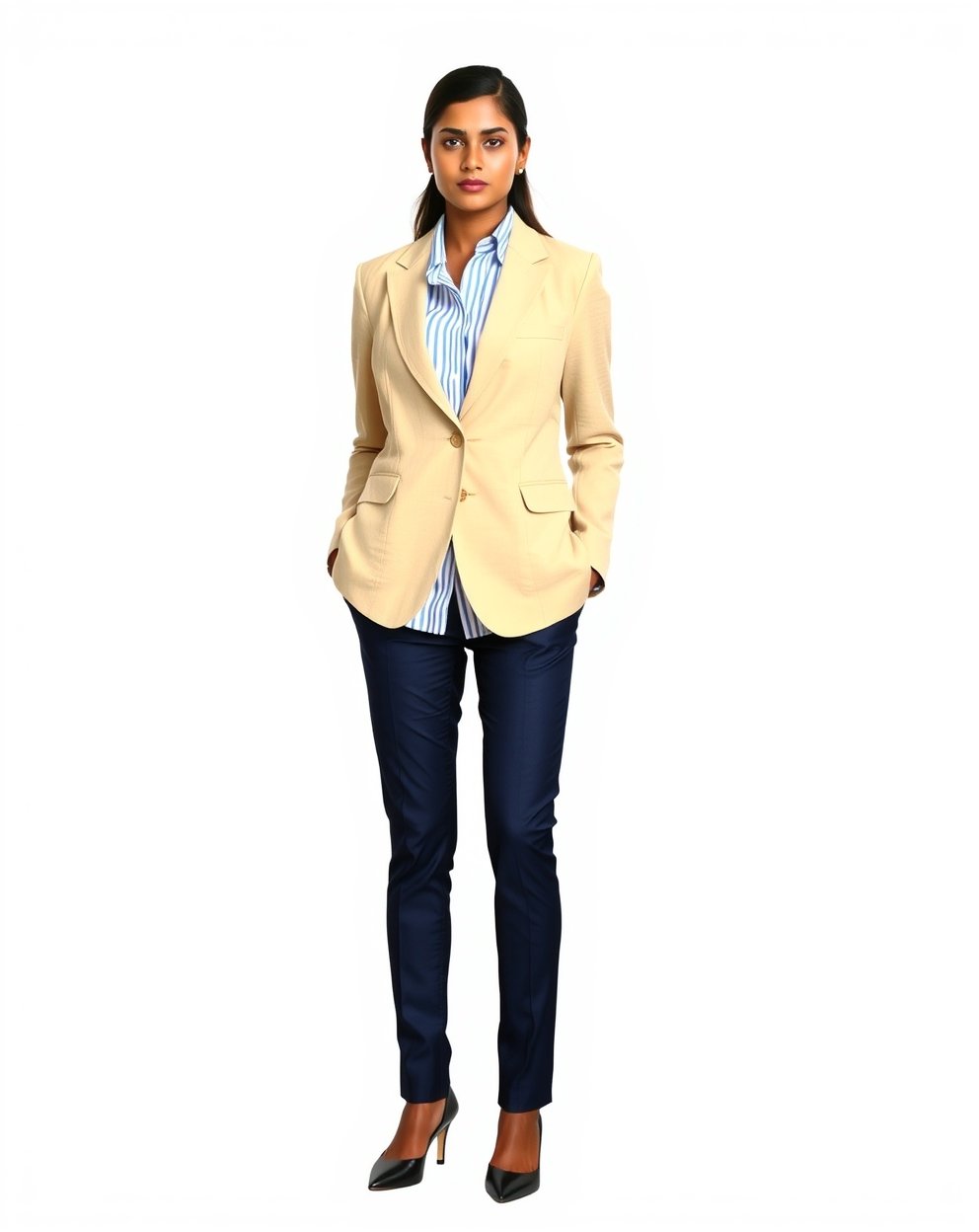 Beige Blazer with Striped Shirt