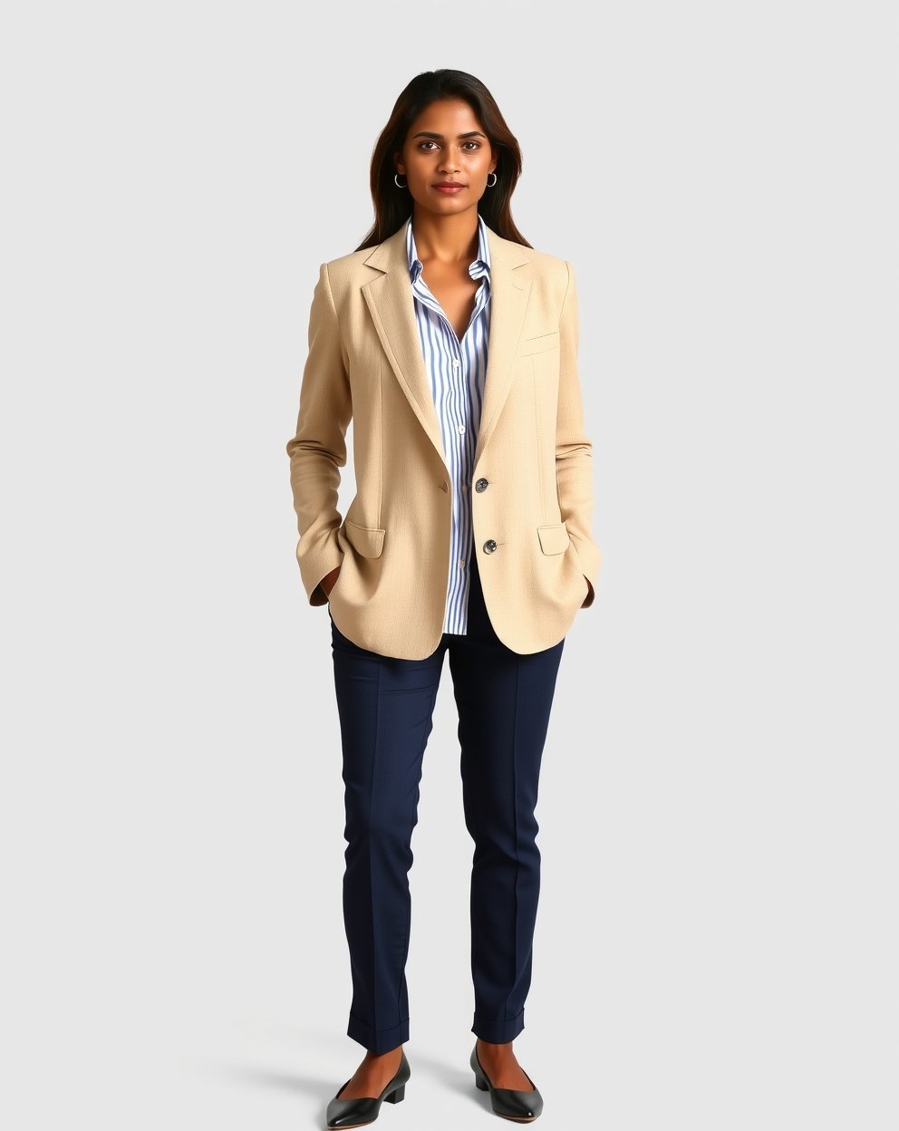 Beige Blazer with Striped Shirt - Image 4