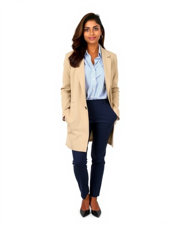 Beige Blazer with Striped Shirt - Image 3