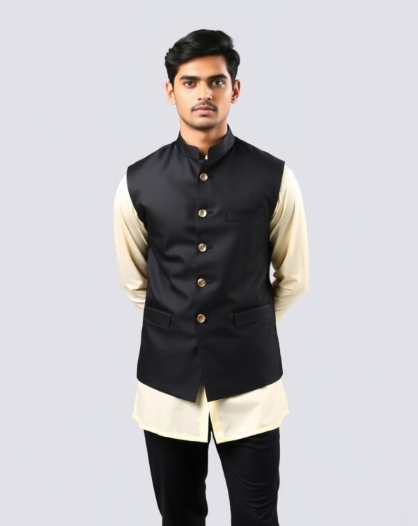 Jet Black with Gold Buttons Waistcoat Full Set - Image 3